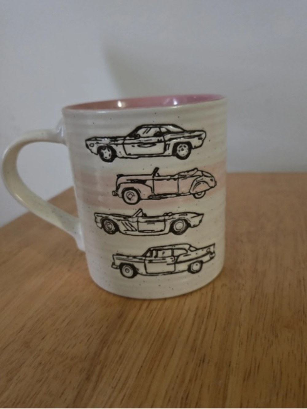 Cream Ceramic Mug with Pink Interior and Retro Car Illustrations